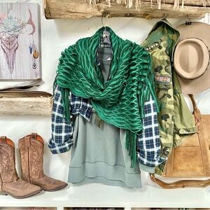 Super texture EMERALD green boho fringe scarf/wrap southwestern equestrian vibe